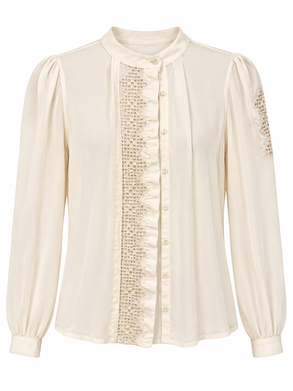 Cream Lace-Trim Button-Down Blouse